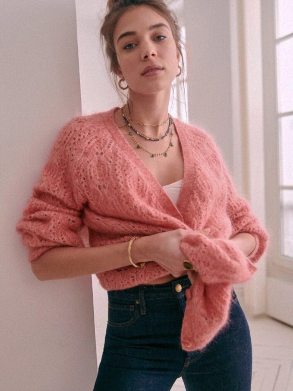 EUC Sezane Joia Mohair Wool Oversized V-Neck Cardigan Coral Pink XS